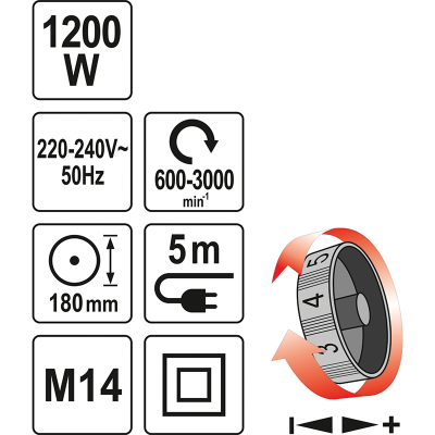 საპრიალებელი ხელსაწყო YATO YT82195 (1200 W, 600-3000 RPM, 5 M)