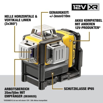  DEWALT DCE089D1G-QW თვითნიველირებადი x3 360° 1080° ჯვარედინი ხაზის ლაზერი 10,8 ვ (მწვანე)