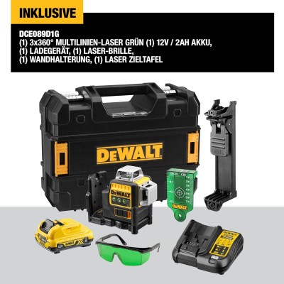  DEWALT DCE089D1G-QW თვითნიველირებადი x3 360° 1080° ჯვარედინი ხაზის ლაზერი 10,8 ვ (მწვანე)