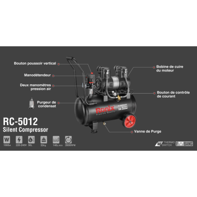 ჰაერის ჩუმი კომპრესორი Ronix RC-5012, 50ლ, 1680w