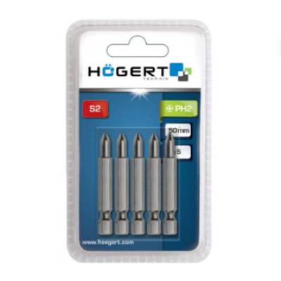 HT1S313 თავაკი სახრახნისის 5 ცალი Screwdriver bit PH2, 50 mm, 5  piece blister Hoegert