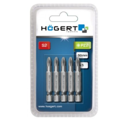 HT1S322 თავაკი სახრახნისის 5 ცალი Screwdriver bit PZ2, 50 mm, 5-piece blister Hoegert