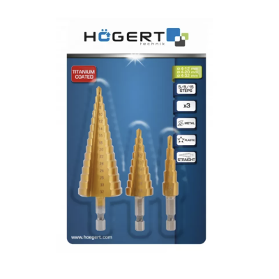 HT6D325 ბიჯობრივი სახვრეტი 4-32 მმ 3 ცალი Spiralstufenbohrer 4-32 mm HÖGERT Step drill 4-32 mm 3pcs set