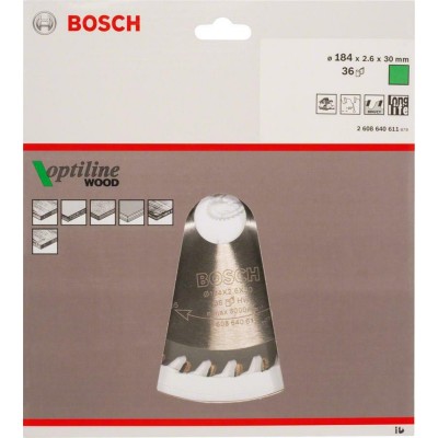 BOSCH 2608640611 Optiline Wood წრიული ხერხის დანა, 184 x 30 x 2.6 მმ, 36T BOSCH 2608640611 Optiline Wood წრიული ხერხის დანა, 184 x 30 x 2.6 მმ, 36T