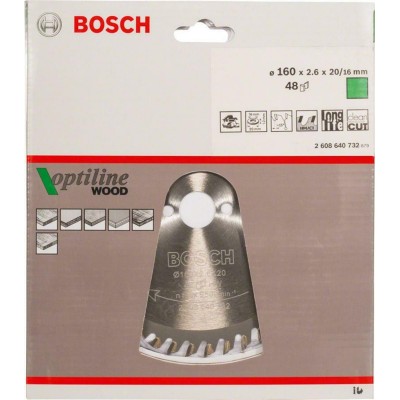 BOSCH 2608640732 Optiline Wood წრიული ხერხის დანა, 160 x 20/16 x 2.6 მმ, 48T BOSCH 2608640732 Optiline Wood წრიული ხერხის დანა, 160 x 20/16 x 2.6 მმ, 48T