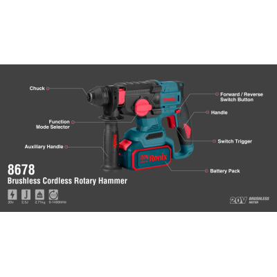 უსადენო უნახშირო პერფორატორი Ronix-8678c 20V 2.5J ელემენტის გარეშე უსადენო უნახშირო პერფორატორი Ronix-8678c 20V 2.5J ელემენტის გარეშე
