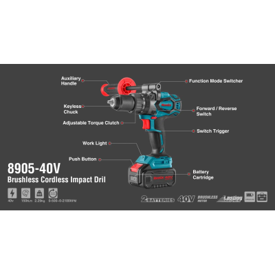 უნახშირო დარტყმითი სახრახნისი Ronix-8905c-40V, 150 Nm ელემენტის და დამტენის გარეშე უნახშირო დარტყმითი სახრახნისი Ronix-8905c-40V, 150 Nm ელემენტის და დამტენის გარეშე